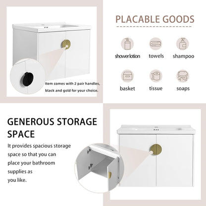 SSLine Modern 24-Inch Bathroom Vanity with Sink Wall Mounted Bathroom Vanity with Top Basin & Storage Cabinet White Wood Floating Vanity w/Ceramic Sink & Gold/Black Handles for Small Space