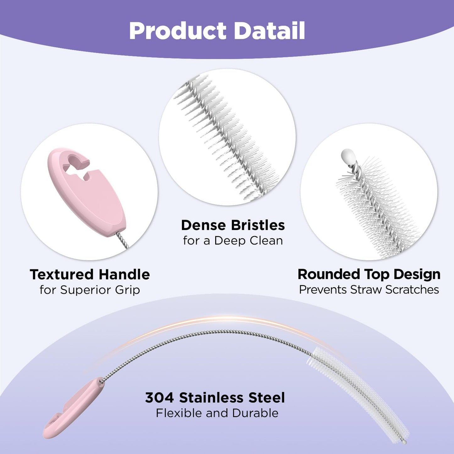 Straw Cleaner Brush Set for 𝗦𝘁𝗮𝗻𝗹𝗲𝘆, Baby Bottles and Sippy Cups,4 in 1 Standing & Hanging Cleaning Set with Holder Ring – Reusable Cleaner for Cup Lids, Spouts and More.(Purple)