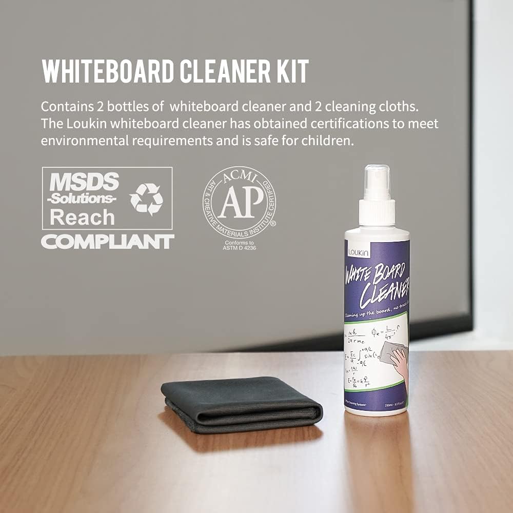 loukin Non-Toxic Whiteboard Cleaner, 8.5 fl oz Dry Erase Board Cleaner, Whiteboard Cleaning Spray with Cloth, Removes Stubborn Marks from Whiteboards