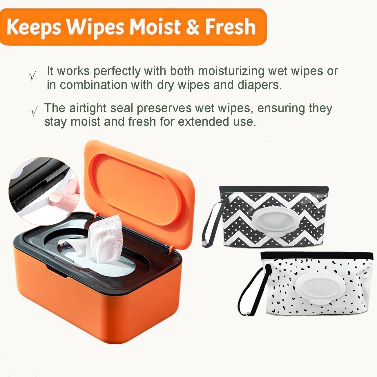 Wipe Dispenser White,Reusable Flushable Wipe Holder Set with 2Pcs Refillable Portable Wipe Bag for Baby Adult Bathroom,Wipe Container with Lids Keeps Wipes Fresh,Baby Shower New Mom Gifts