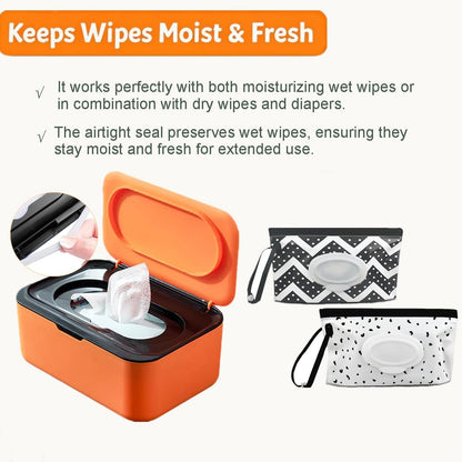 Wipe Dispenser White,Reusable Flushable Wipe Holder Set with 2Pcs Refillable Portable Wipe Bag for Baby Adult Bathroom,Wipe Container with Lids Keeps Wipes Fresh,Baby Shower New Mom Gifts