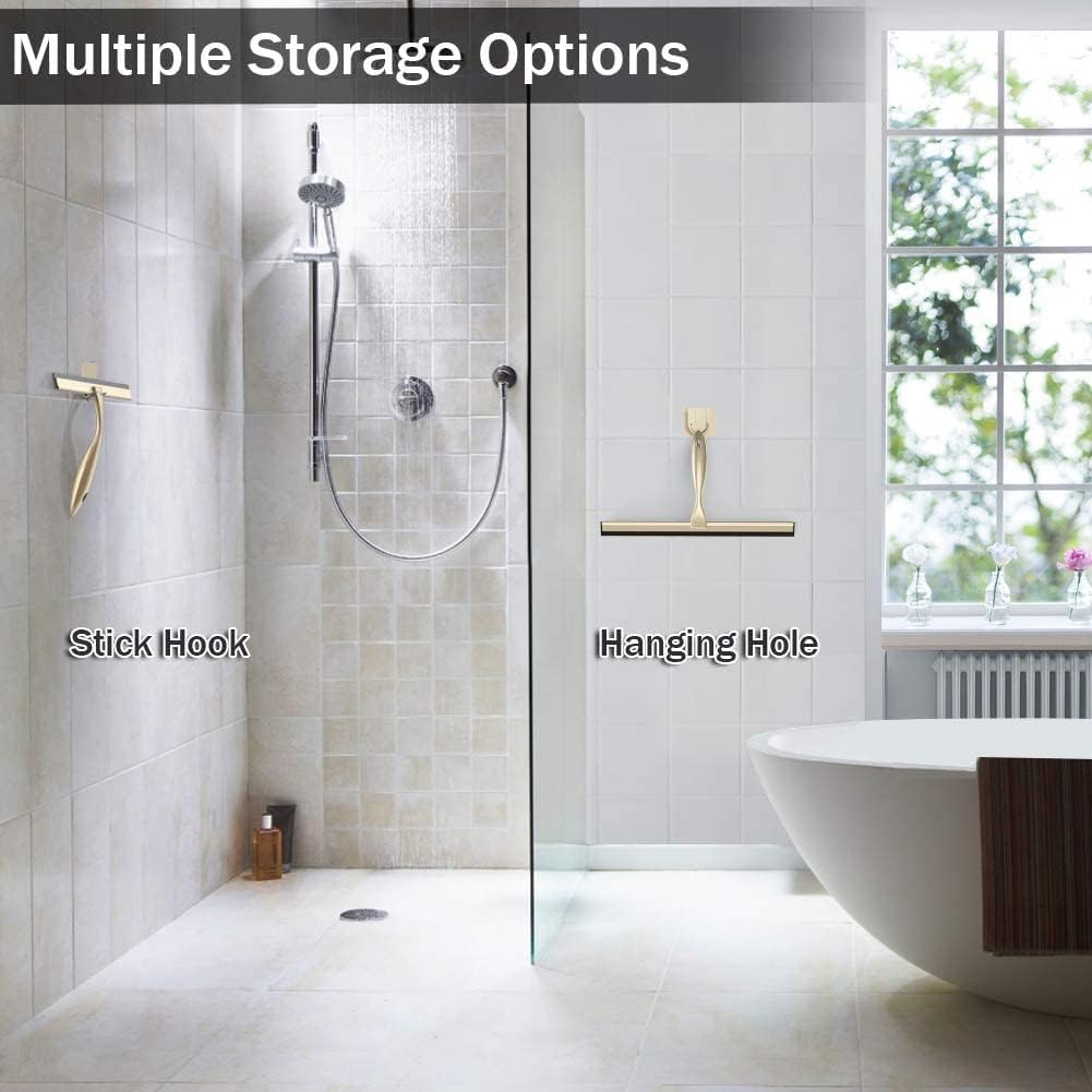 OPERNEE Shower Squeegee with Self Adhesive Hook, 10 Inches Stainless Steel Squeegee Cleaner, All-Purpose Window Scraper for Bathroom Doors, Mirror, Windows and Car Glass, Brushed Gold