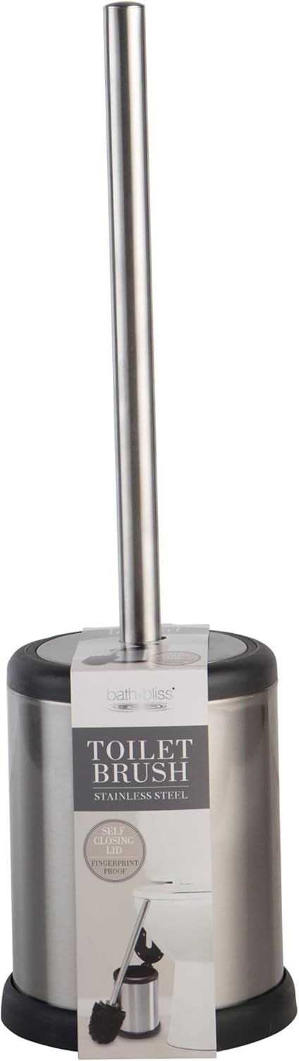 Bath Bliss Toilet Brush and Holder | Self Closing Lid | 360 Degree Brush Head | Bathroom Cleaning | Compact Size | Storage and Organization | Stainless Steel