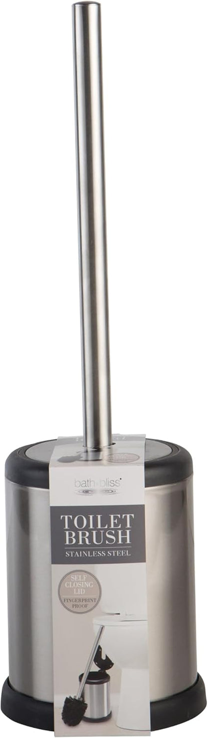 Bath Bliss Toilet Brush and Holder | Self Closing Lid | 360 Degree Brush Head | Bathroom Cleaning | Compact Size | Storage and Organization | Stainless Steel