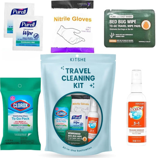 Travel Cleaning Supplies Kit - Travel Size Cleaning Supplies For Hotels, Bathrooms with Gloves, Surface Wipe, Fabric Cleaner, Air Cleaner, Hand Wipes, Bed Bug Wipes