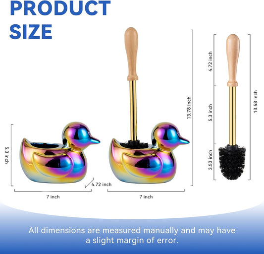 Duck Toilet Brush and Holder Set - Ceramic Bathroom Toilet Scrubber Brush Organizer with Wooden & Stainless SteelHandle, Gold Toilet Brush & Cute Duck Design for Bath Decor Storage