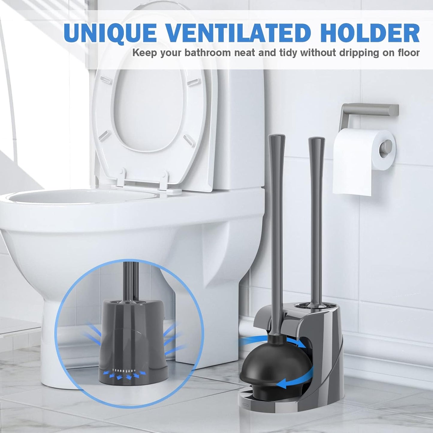 Toilet Plunger and Brush, Bowl Brush and Heavy Duty Toilet Plunger Set with Ventilated Holder, 2-in-1 Bathroom Cleaning Combo with Modern Caddy Stand for 5.7-inch Toilet Drain(Black, 2 Set)