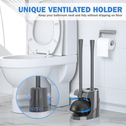 Toilet Plunger and Brush, Bowl Brush and Heavy Duty Toilet Plunger Set with Ventilated Holder, 2-in-1 Bathroom Cleaning Combo with Modern Caddy Stand for 5.7-inch Toilet Drain(Black, 2 Set)
