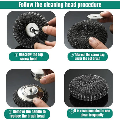 Steel Wool Scrubber with Handle: 7Pcs Stainless Steel Scrubber Brush Set – 1 Long Brushes,1 Short Brushes,4 Replaceable Pads,1 Screwdriver for Home Cooks,BBQ Enthusiasts,Anti-Scratch,for Kitchen