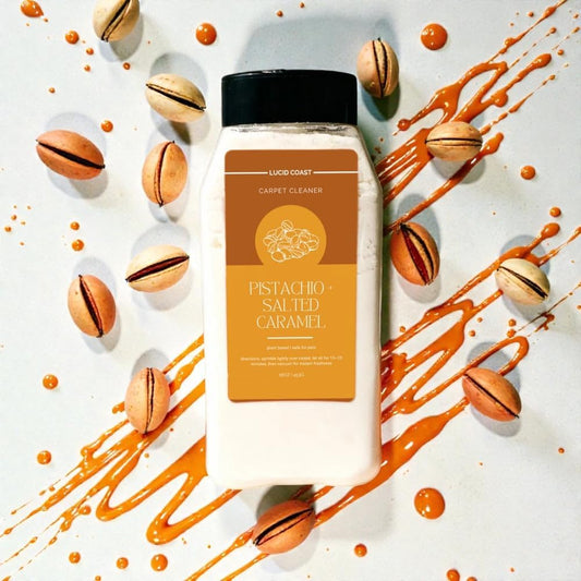 Salted Caramel and Pistachio Carpet Freshener and Upholstery Deodorizer - 16oz Tropical Gourmand Odor Eliminator Powder - Eco-Friendly, Plant-Based & Safe for Pets, Furniture & Cars