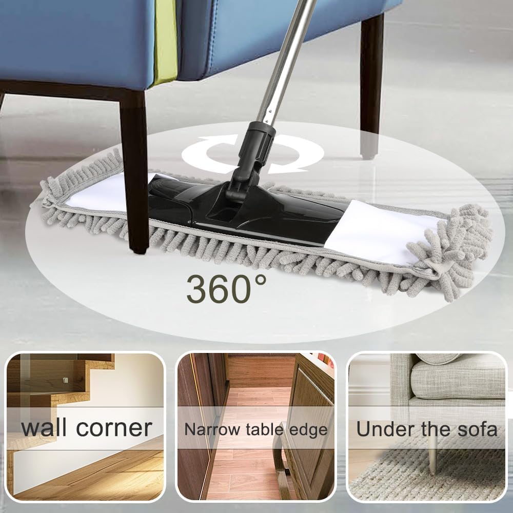 Dust Mop for Floor Cleaning with 2 Washable Chenille Pads and Extendable 58” Long Handle, Dry Wet Flat Mop with Scouring Pad for Hardwood, Laminate, Tile, Marble (Green)