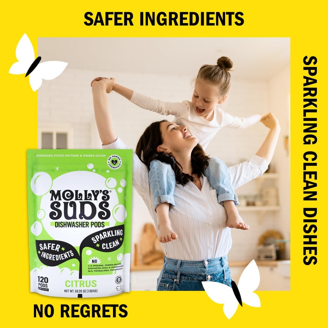Molly's Suds Dishwasher Powder | Clean Dishwasher Detergent, Cuts Grease & Rinses Clean (Residue-Free) for Sparkling Dishes | 60 Loads (Unscented)