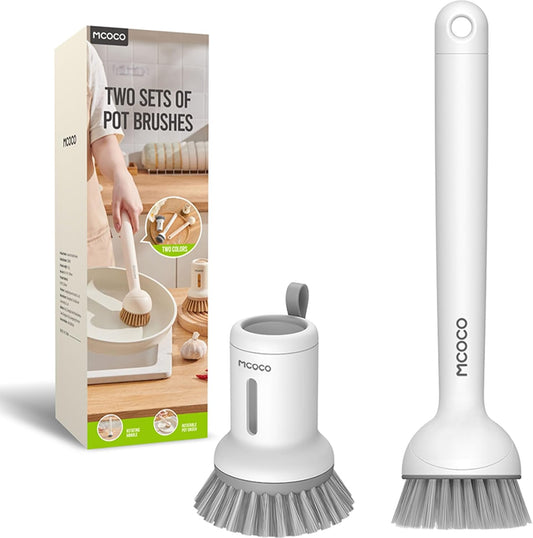 Dish Brush Set with Soap Dispensing Palm Brush Dish Scrub Brush with Soap Dispenser Palm Dish Brush Kitchen Cleaning Brush with Ergonomic Long Handle for Cleaning Sink, Pot, Pan, Stove, Yellow
