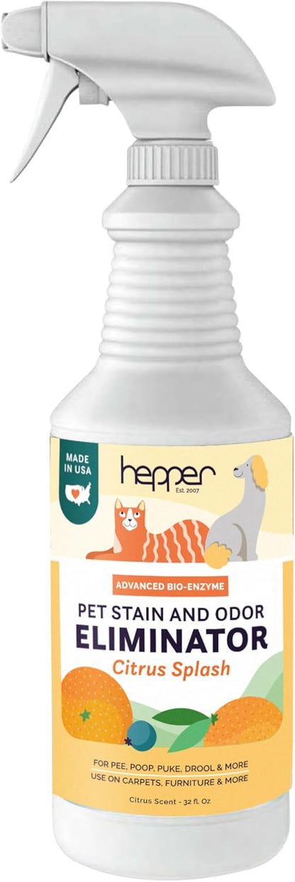 Hepper Advanced Bio-Enzyme Pet Stain & Odor Eliminator Spray - Smell, Stain & Urine Remover for Cats, Dogs & Other Animals - 32oz Spray Safe for the Home - Neutral