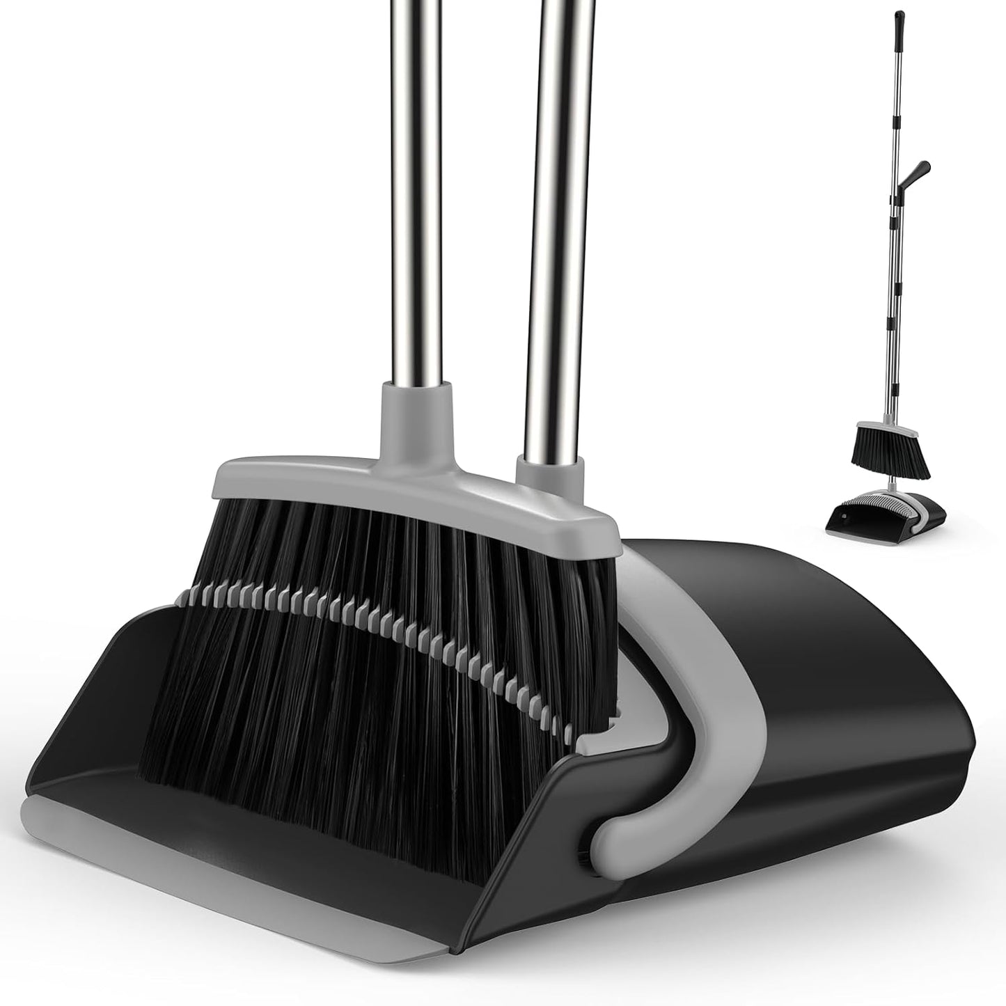 Broom and Dustpan Set for Home, 51-in Long Adjustable Handle Angle Broom and Dustpan Combo Set with Dust Pan Teeth to Clean Hair for Home Kitchen Office Lobby Floor Garden (Black&White)