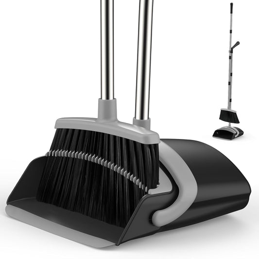 Broom and Dustpan Set for Home, 51-in Long Adjustable Handle Angle Broom and Dustpan Combo Set with Dust Pan Teeth to Clean Hair for Home Kitchen Office Lobby Floor Garden (Black&White)