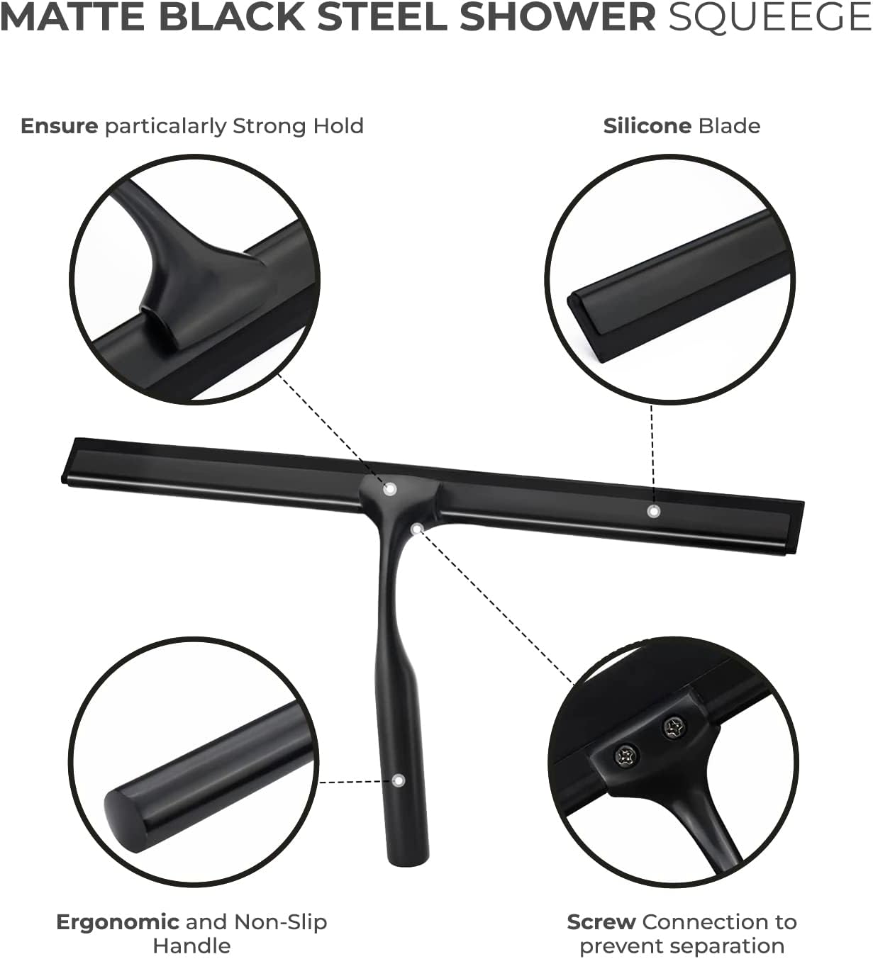 Matte Black Shower Squeegee for Glass Doors with Adhesive Hooks, Squeegee for Shower Glass, Cleaner Tool for Bathroom Household Window Mirror Tile Wall Car, 10 Inch Black