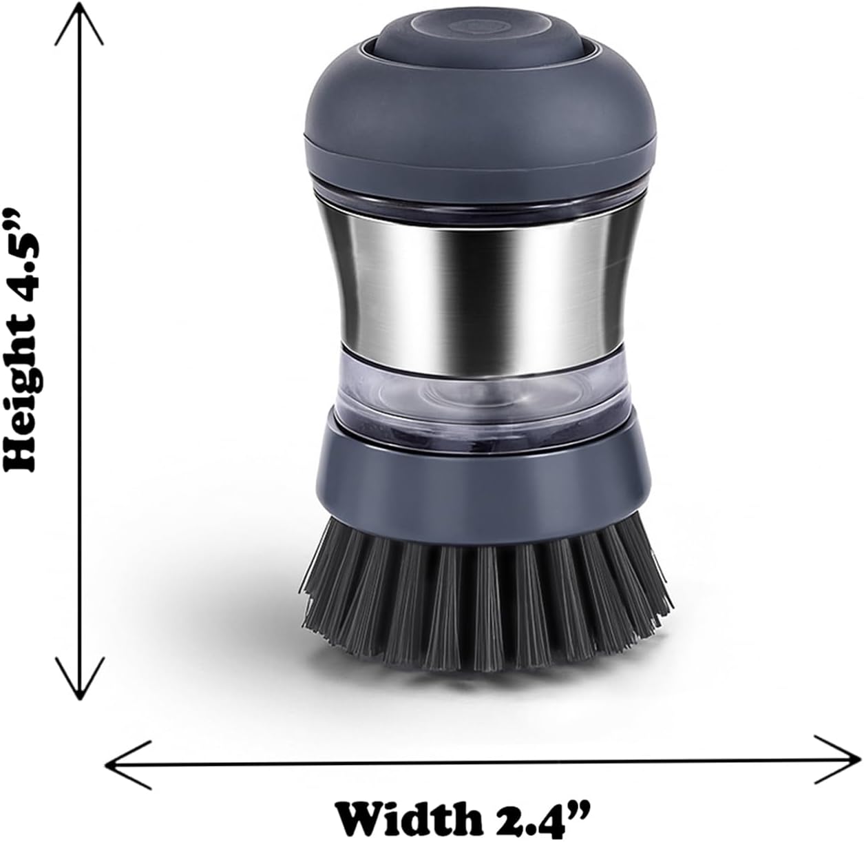 Stainless Steel Soap Dispensing Palm Brush for Pans & General Kitchen Dish Scrub | Grey Bristles | Dishwasher Safe