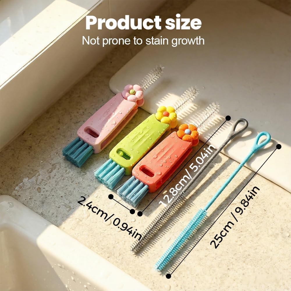 3PCS 3 in 1 Cup Lid Cleaning Brush and 2PCS Silicone Straw Cleaner Brush for Bottle, Multifunctional Crevice Portable Cup Lid Cleaning Brushes, Flexible Straws Cleaning Brush Set for Water Bottles