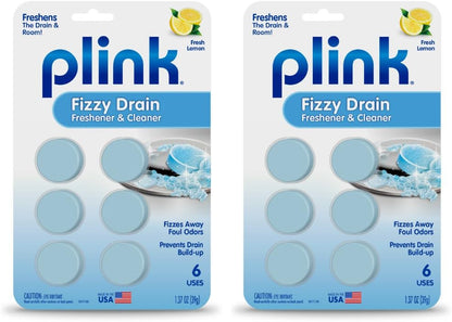 Plink Fizzy Drain Freshener and Cleaner, Prevents Clogs and Removes Odors in Household Sinks, Lemon Scent, 6-Pack