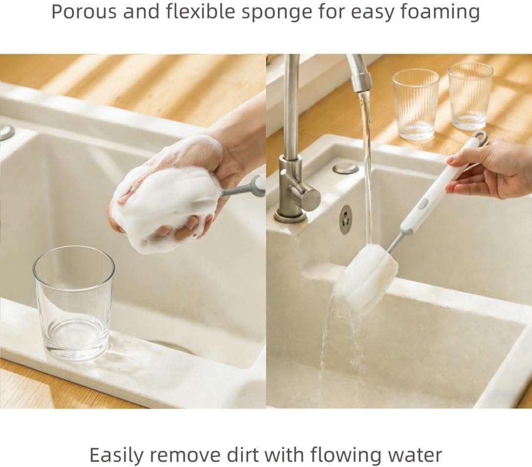 Bottle Brush Long Handle Cup Cleaner Brush Sponge Bottle Scrubber Detachable Handle Portable Sponge Cleaning Brush for Cups Wine Glasses Water Bottles Baby Bottles and Vacuum Flasks(3 PCS)