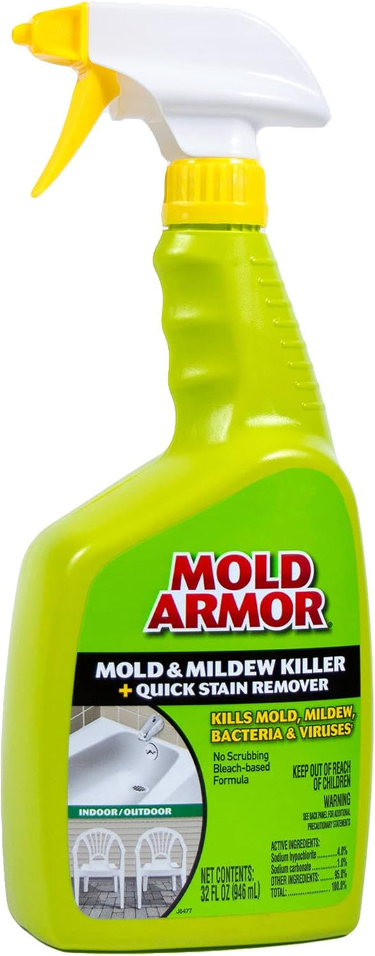 MOLD ARMOR Mold and Mildew Killer + Quick Stain Remover, 32 oz., Trigger Spray Bottle, Eliminates 99.9% of Household Bacteria and Viruses, Ideal Bathroom Mold and Mildew Remover