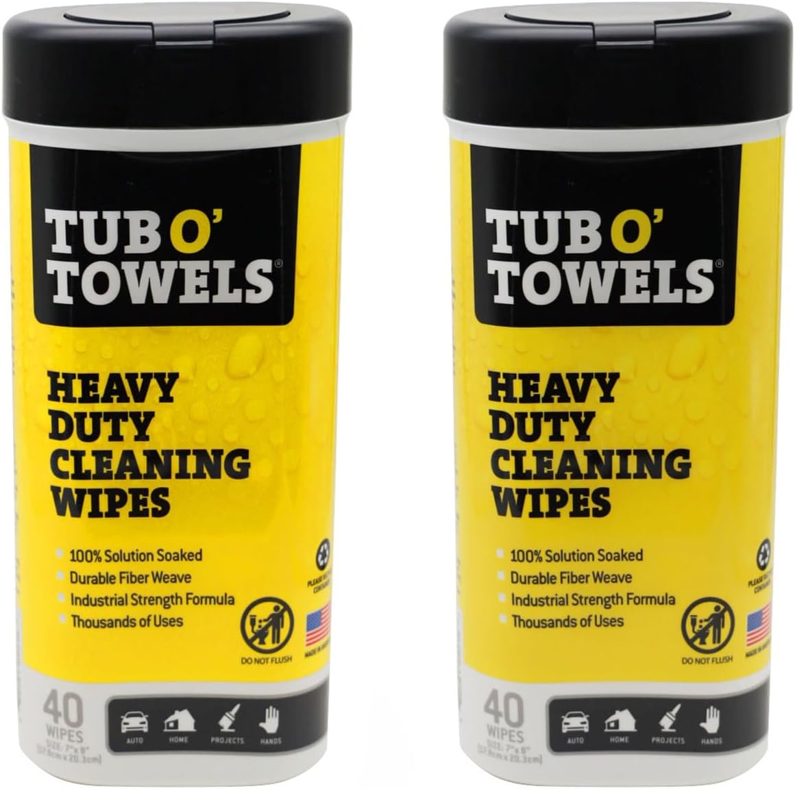 Tub O' Towels Heavy-Duty Multi-Surface Cleaning Wipes, 10" x 12", 90 Count Canister, Removes Grease, Grime, Tough Stains, Durable Disposable Wipes for Home, Garage, Outdoor Cleaning Tasks, 2-Pack