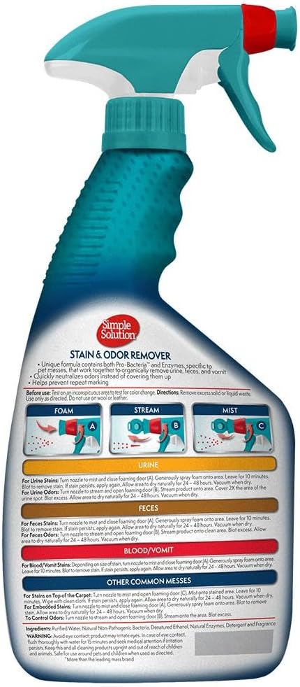 Simple Solution Stain and Odor Eliminator Spray, Enzyme Carpet Cleaner for Dogs and Cats, Pet Stain Remover and Urine Odor Eliminator, Multi Surface Pet Cleaning Solution, 32 oz (Pack of 2)
