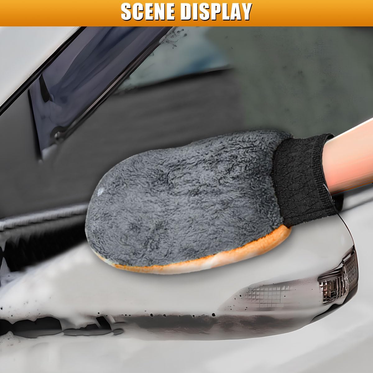 2PCS Car Wash Mitt, Coral Fleece Microfiber Dusting Mitt with Thumb, No Scratch No Lint Cleaning Glove with Elastic Wrist Cuff, Reusable Car Washing and Detailing Supplies (Thumb)