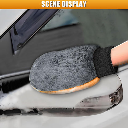 2PCS Car Wash Mitt, Coral Fleece Microfiber Dusting Mitt with Thumb, No Scratch No Lint Cleaning Glove with Elastic Wrist Cuff, Reusable Car Washing and Detailing Supplies (Thumb)