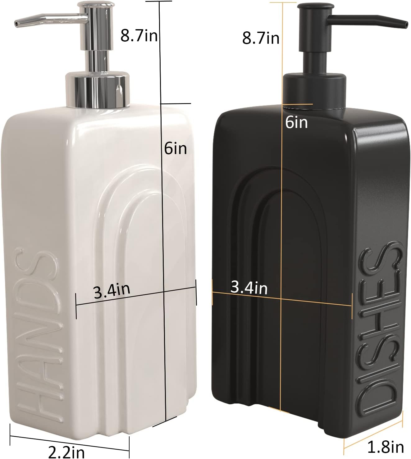 Soap Dispenser Set with Stainless Steel Pump, 2 Pack Ceramic Refillable Dish Soap and Hand Soap Dispenser for Kitchen, Bathroom, Matte White