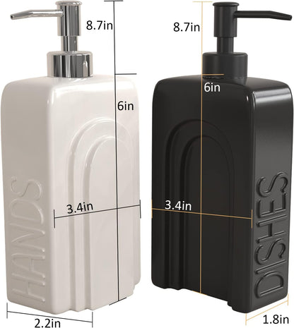 Soap Dispenser Set with Stainless Steel Pump, 2 Pack Ceramic Refillable Dish Soap and Hand Soap Dispenser for Kitchen, Bathroom, Matte White