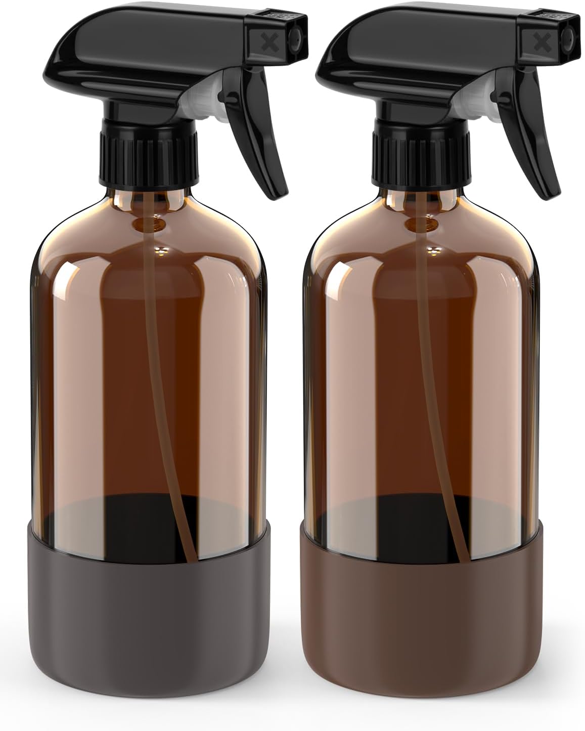 Bontip Glass Spray Bottle with Silicone Sleeve Protection, Amber Glass Spray Bottle Set for Window Cleaner Aromatherapy Facial Hydration Watering Flowers Hair Care 2 Pack/16 oz (Black & Brown)
