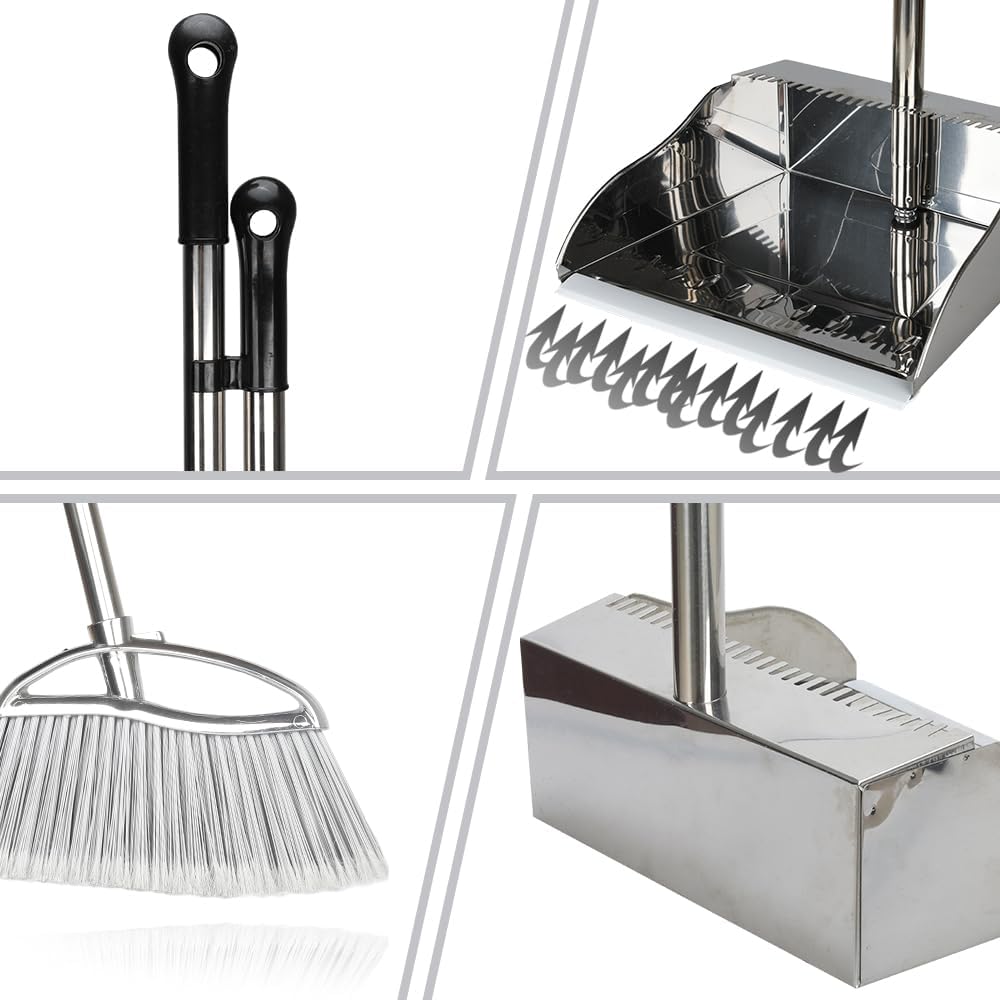 Indoor Broom and Dustpan Comb Set,Heavy Duty Stainless Steel Metal Dust Pan with Long Handle Sweeping Soft Bristles Broom for Floor Home Lobby Office