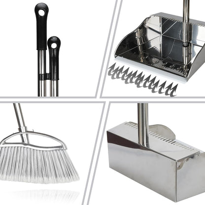 Indoor Broom and Dustpan Comb Set,Heavy Duty Stainless Steel Metal Dust Pan with Long Handle Sweeping Soft Bristles Broom for Floor Home Lobby Office