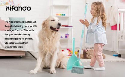 Mini Broom with Dustpan for Kids,Little Housekeeping Helper Set (Light Blue)