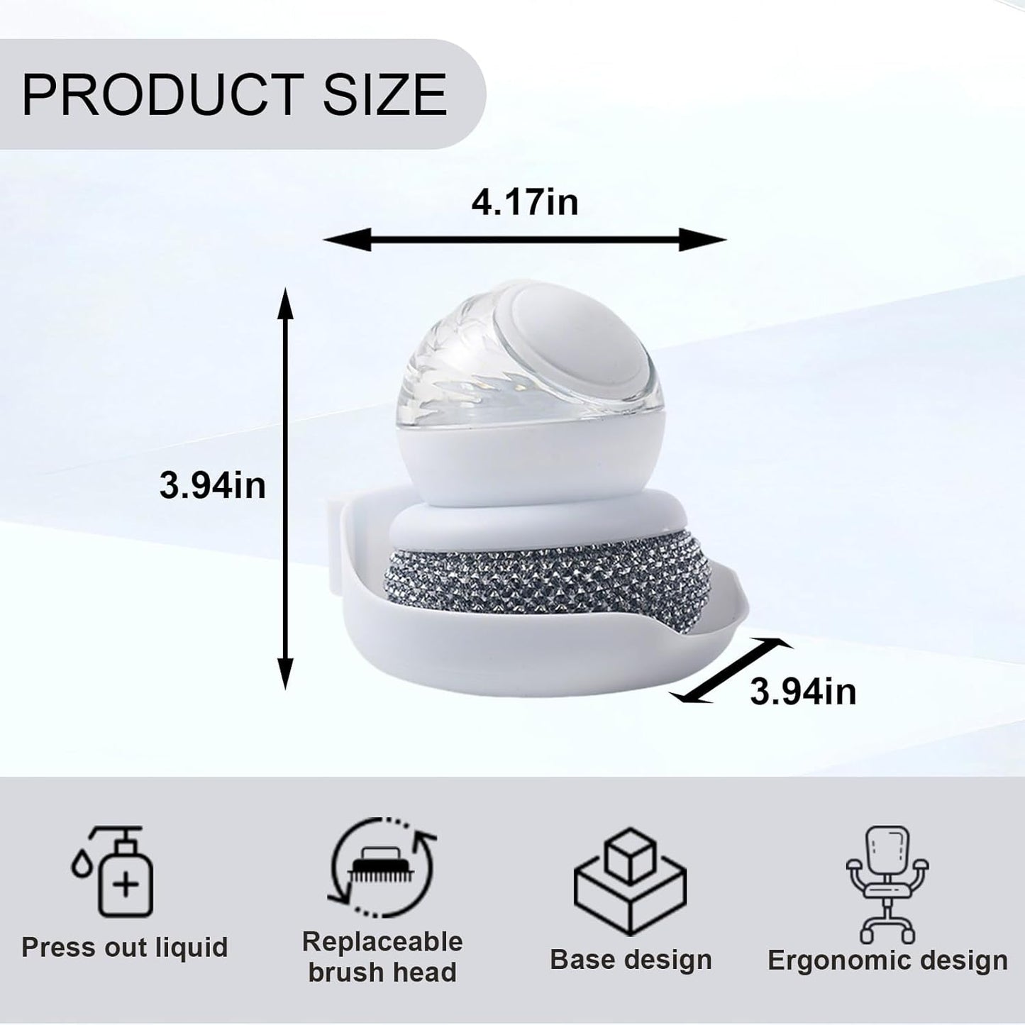Dish Brush with Soap Dispenser, Steel Wool Scrubber with Replaceable Steel Wool, Pan Scraper and PET Scouring Pad, Wire Brush for Cleaning Cast Iron, Grill Pans, Stock Pots, Grills, Sinks (White)