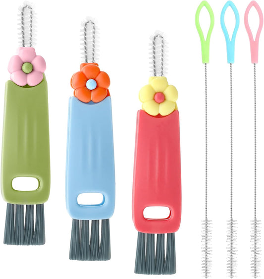 3Pcs 3 in 1 Cup Lid Cleaning Brush with 3Pcs 7.87inch Straw Cleaning Brush, Multifunctional Gap Cleaning Brush Portable Cup Brush Cleaner for Water Bottle Cup Lids Gaps Corners Straw Cleaning