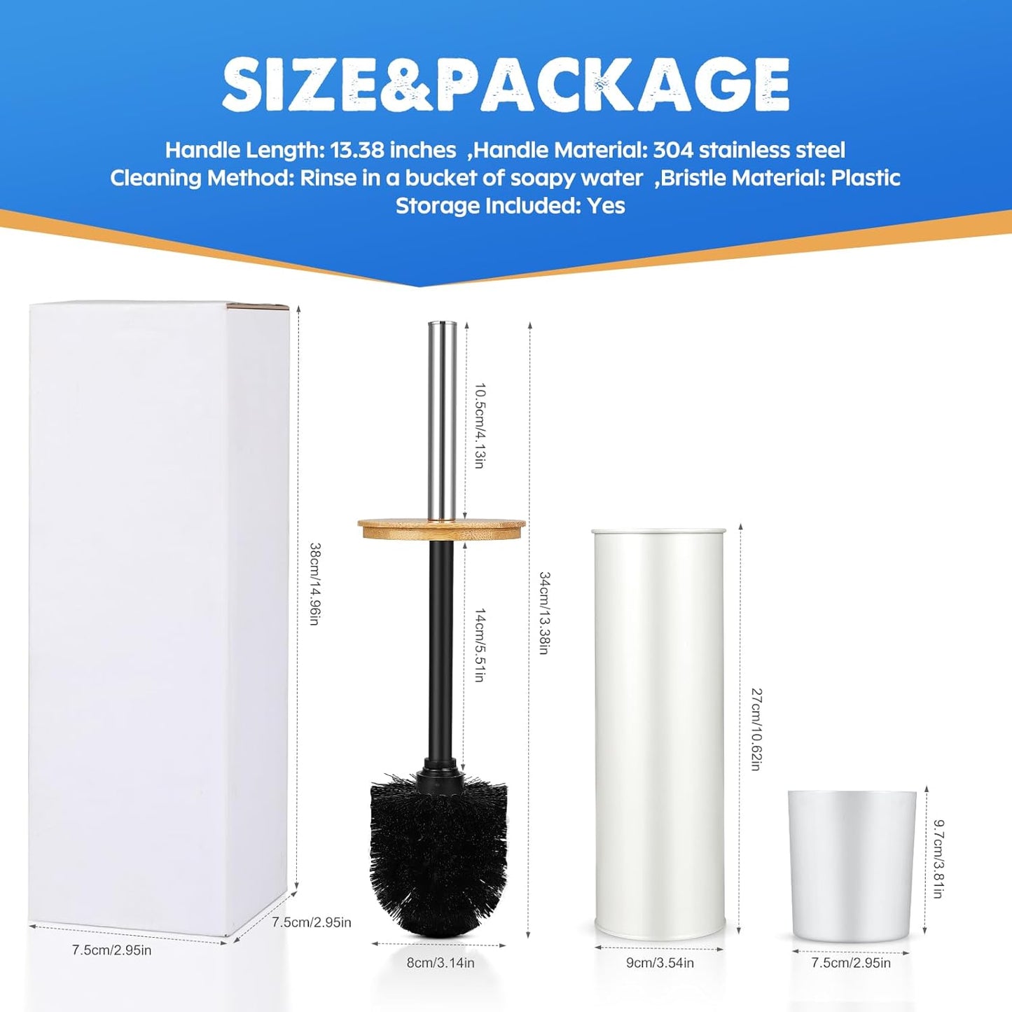 Compact Toilet Brush and Holder 2 Pack,SetStainless Steel Handle Toilet Brush,Deep Cleaning,Durable Nylon bristles,Splash-Proof Design(White&Black)