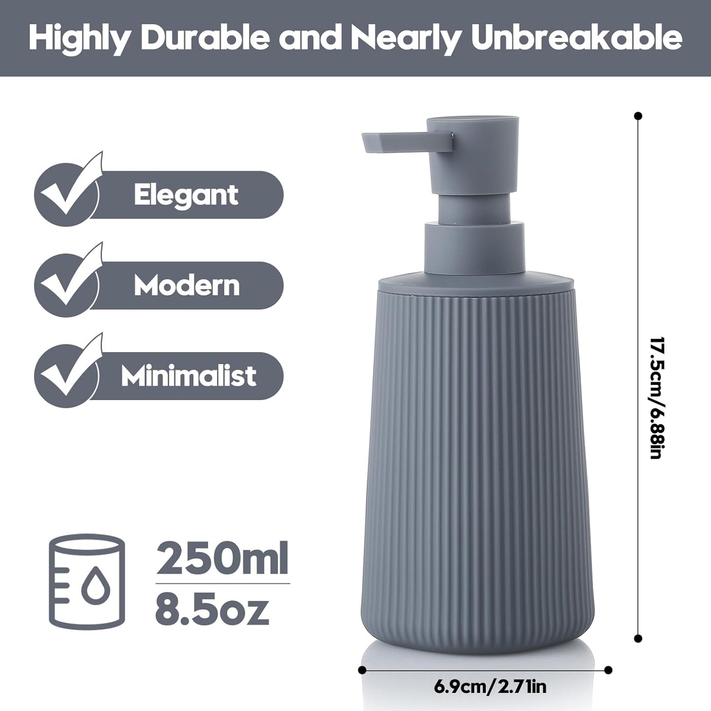 Small Soap Dispenser for Bathroom and Kitchen, Modern Farmhouse Striped Style Plastic Hand Soap Dish Soap Dispenser with Pump Matte Black