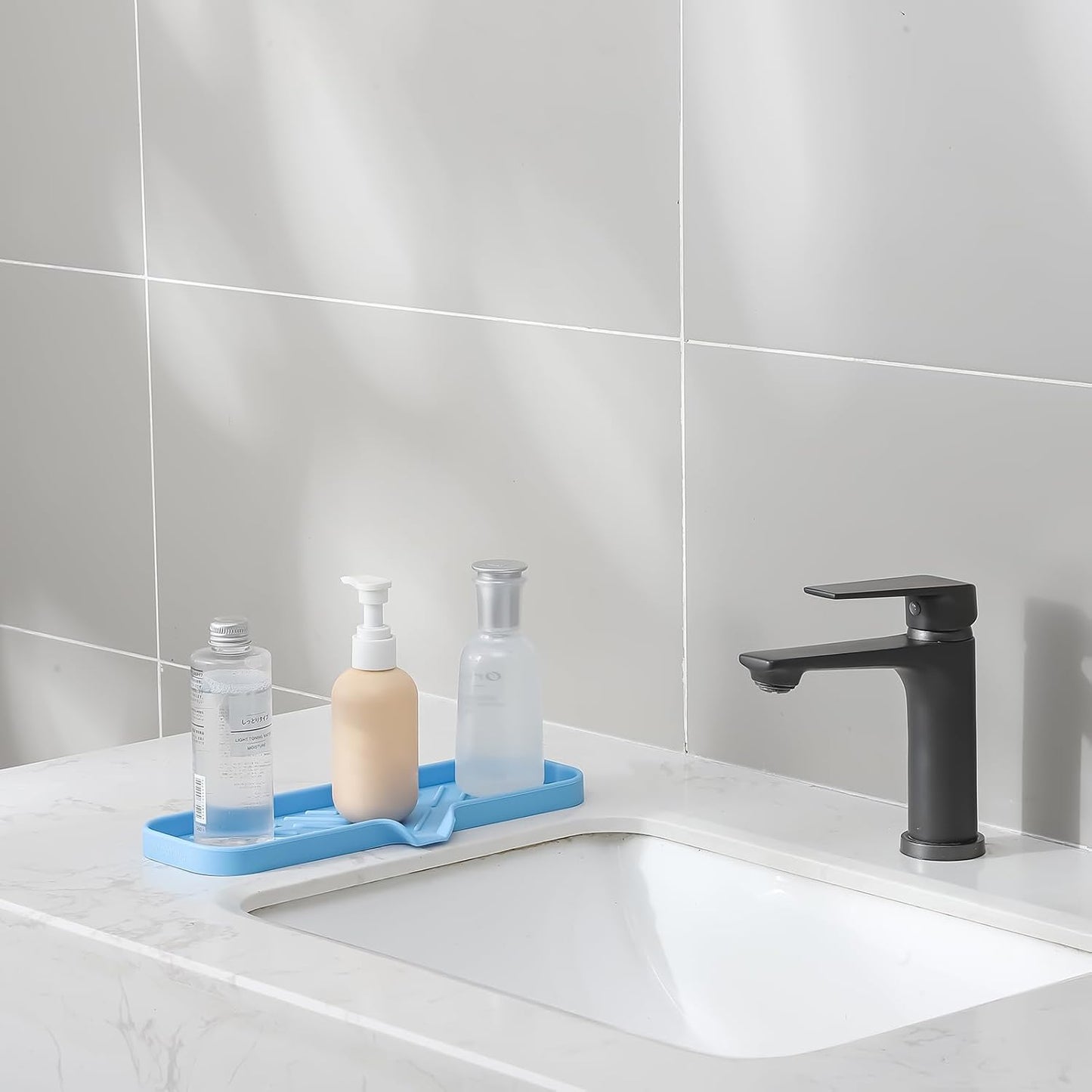 MicoYang Silicone Bathroom Soap Dishes with Drain Spout-Bathroom and Kitchen Sink Organizer,Sponge Holder,Dish Soap Tray,Perfect for Dispenser,Scrubber,Bottle,Cup on Sink or Counter-Black 4.9"×3.2"