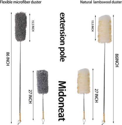 Midoneat Lambswool and Microfiber Duster, 2 Counts, Long Reach/Extendable Duster Up to 86" for Cleaning High Ceiling Fan, Interior Roof, Cobweb, Keyboard, Furniture