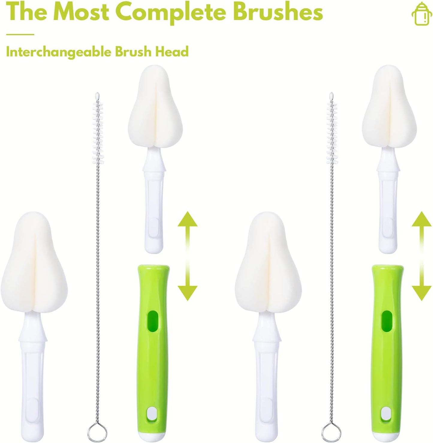 Carebabymore 8 Piece Sponge Nipple Bottle Brushes, Baby Bottle Brush with 3 Piece Nipple Cleaner, 3 Piece Replacement Heads and 2 Piece Straw Brushes, Green