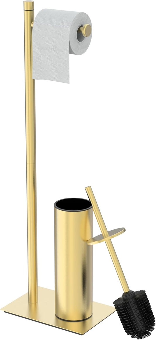 RUACQ Toilet Paper Holder Stand with Toilet Brush and Holder Set, 304 Stainless Steel Bathroom Toilet Tissue Paper Roll Holder Free Standing, Weighted Base, Heavy Duty (Matte Black)