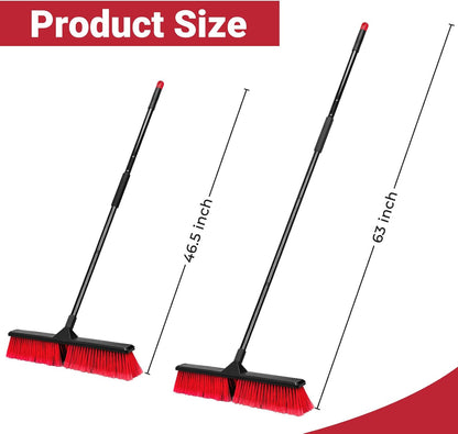 24" Push Broom with 63" Long Handle, Heavy Duty Broom for Floor Sweeping, Stiff Bristles Broom Brush for Workshop, Garage, Concrete, Patio and Deck