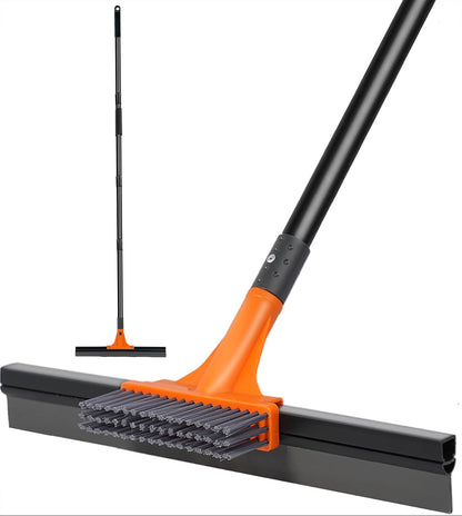 Floor Squeegee for Concrete Floor,Heavy Duty Shower Garage Floor Squeegee Broom with Scrubber Brush and 62" Long Handle for Bathroom Tile,Garage, Deck,Pool,Outdoor Floors,16 Inch,Orange