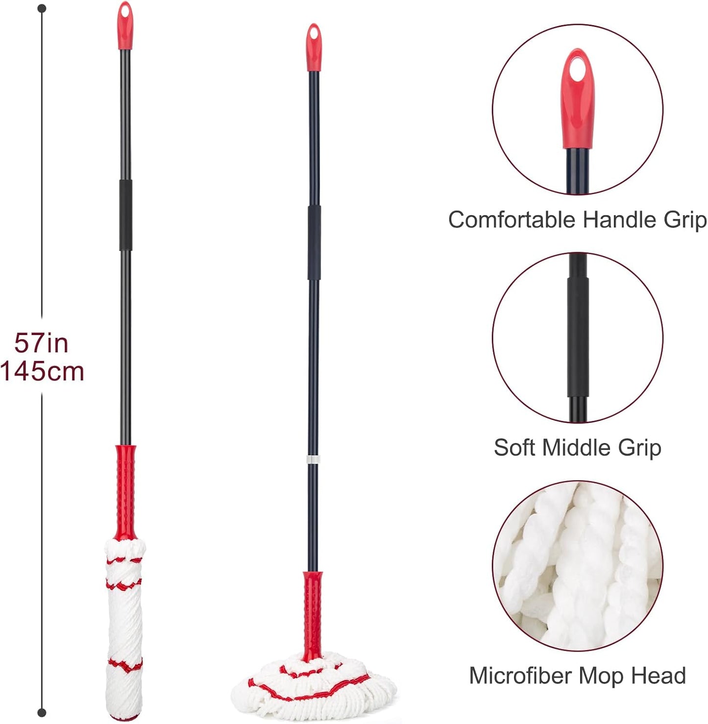 KeFanta Self-Wringing Twist Mop for Floor Cleaning, Long Handled Microfiber Floor Mop with Top Scouring Pad for Kitchen, Hardwood, Restaurant, Bathroom, Garages, Warehouses, Office,57-inch