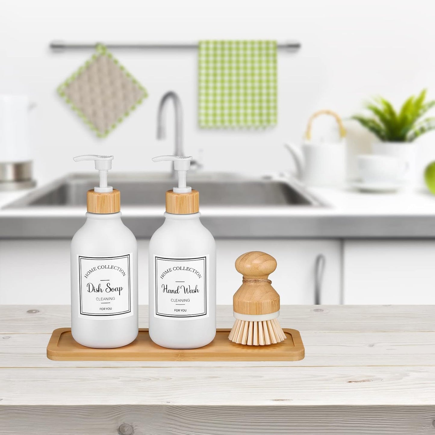 Zopeal 4 Pcs 16 oz Kitchen Soap Dispenser Set with Bamboo Tray and Dish Brush Plastic Soap Dispenser Set with Waterproof Labels for Hand Dish Lotion(Frosted Black)