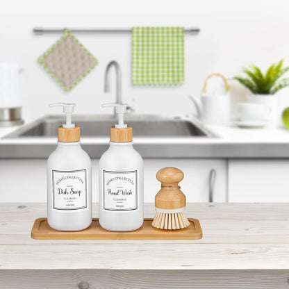 Zopeal 4 Pcs 16 oz Kitchen Soap Dispenser Set with Bamboo Tray and Dish Brush Plastic Soap Dispenser Set with Waterproof Labels for Hand Dish Lotion(Frosted Black)