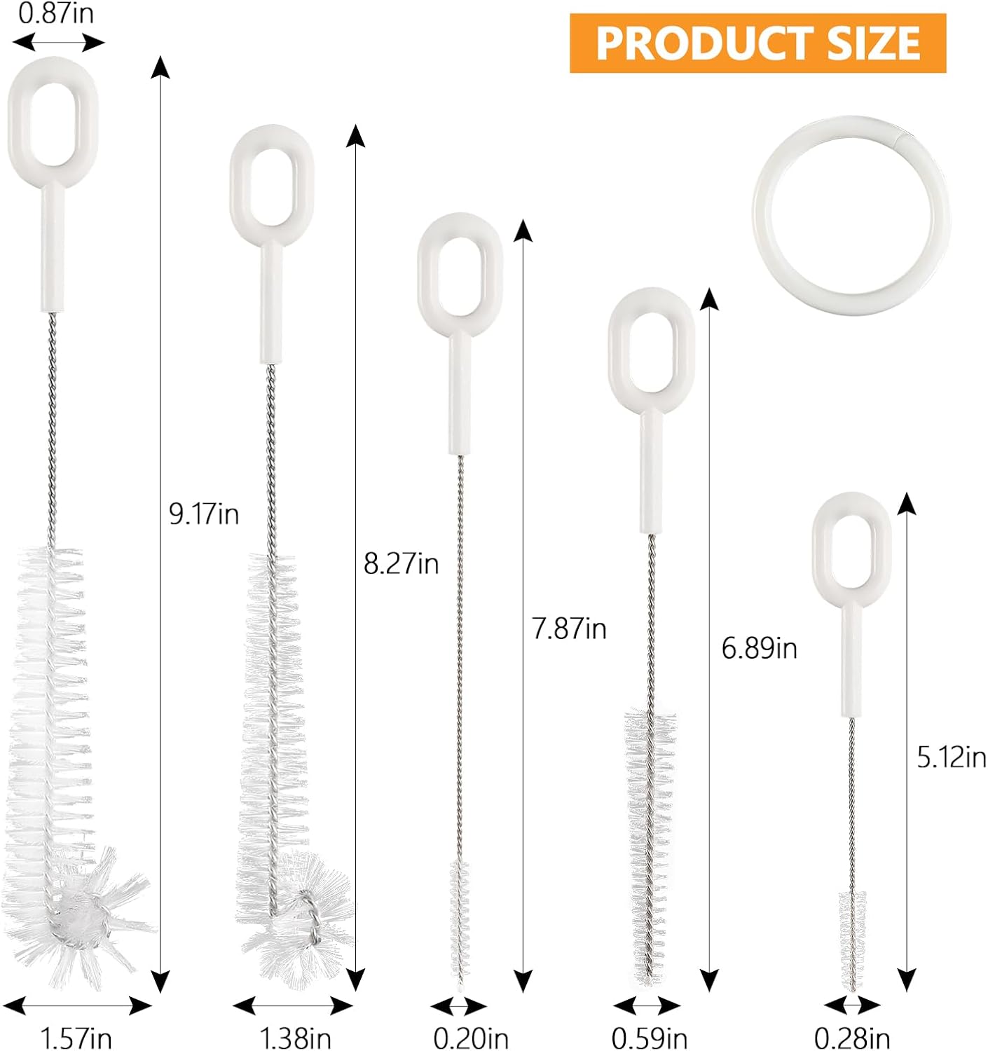 Straw Cleaner Brush Set, 5 Pcs Multi-Size Flexible Cleaning Brushes with Holder Ring, Long Pipe Cleaners for Reusable Straws, Water Bottles, Tumblers and Sippy Cups, White